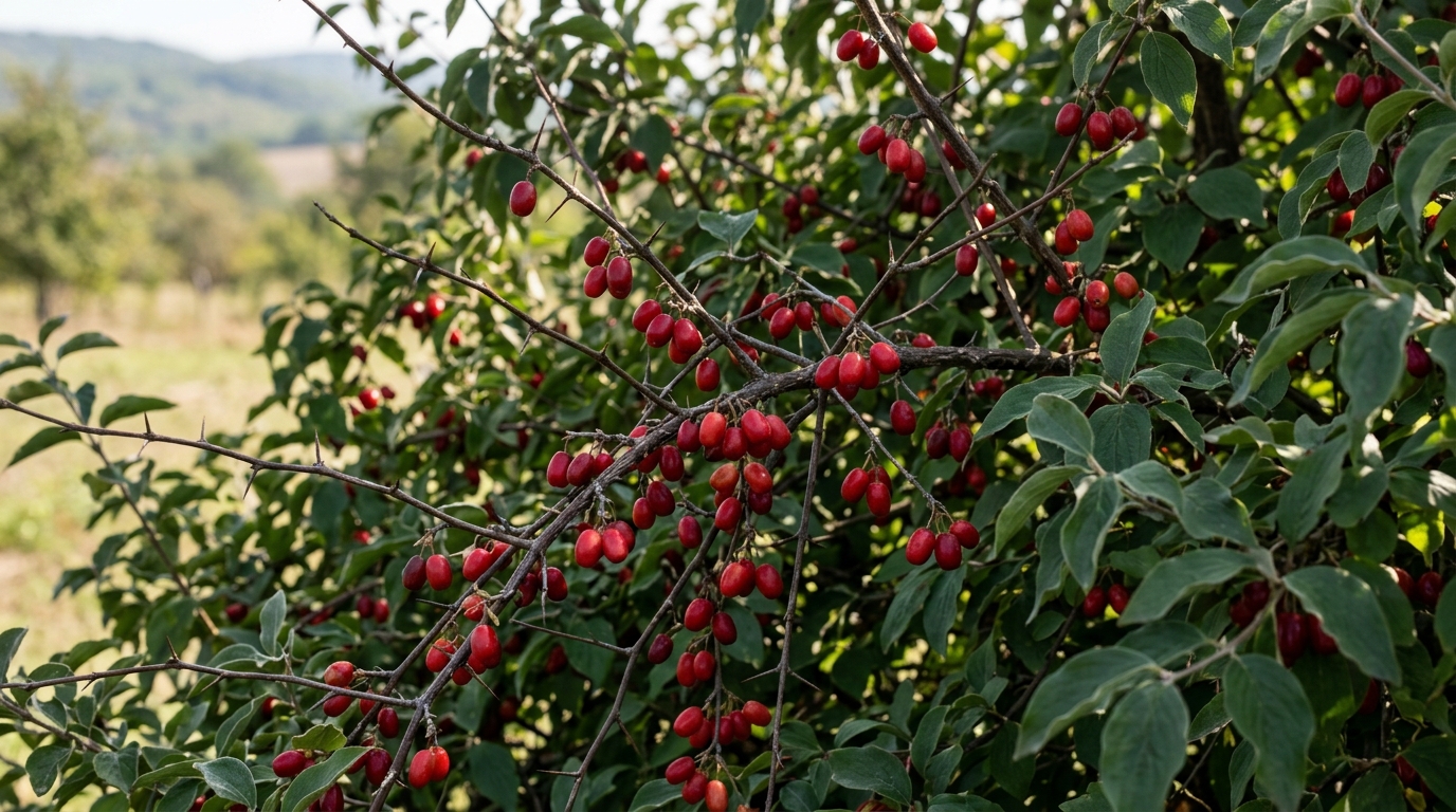 Dense fruit clusters on a thorny tree branch waiting for harvest.