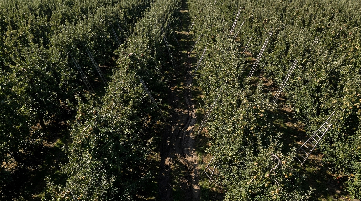 Workers harvesting olives by hand from wooden ladders in an Andalusian grove.