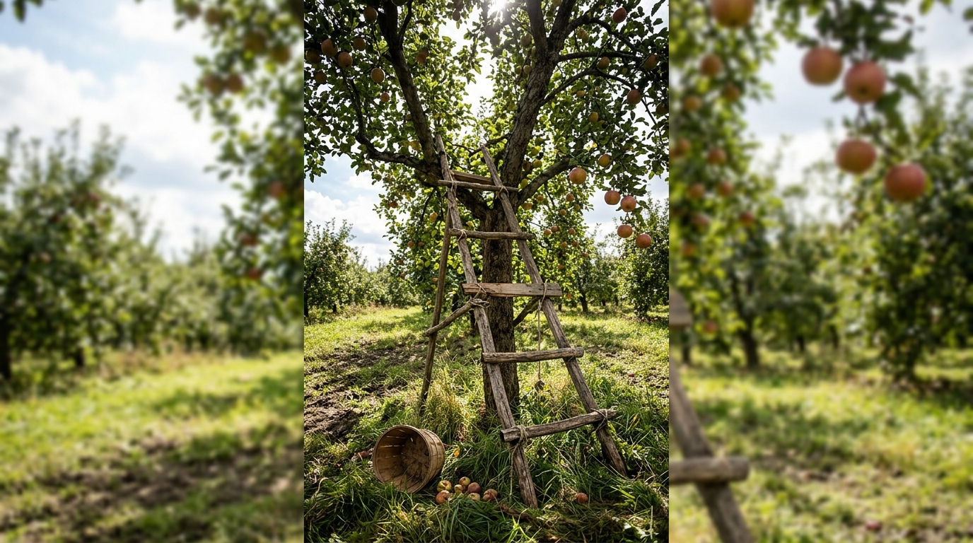 A close-up of a worker operating a battery-powered pole shaker in a dense canopy.